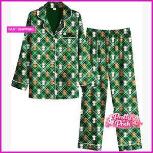 Satin Pajama Set Classic Pattern Silky Pj Sets Button Down Sleepwear